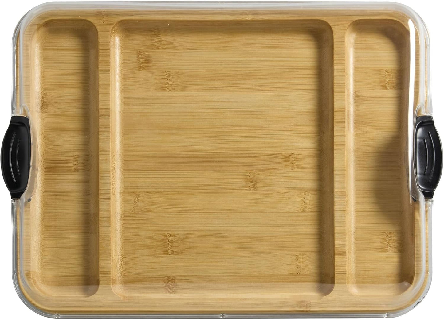 Farberware Build-A-Board Bamboo Cutting Board with Built-In Compartments & Clear Locking Lid, Black Handles, Charcuterie, Snack Tray, Food Prep and Serving Platter