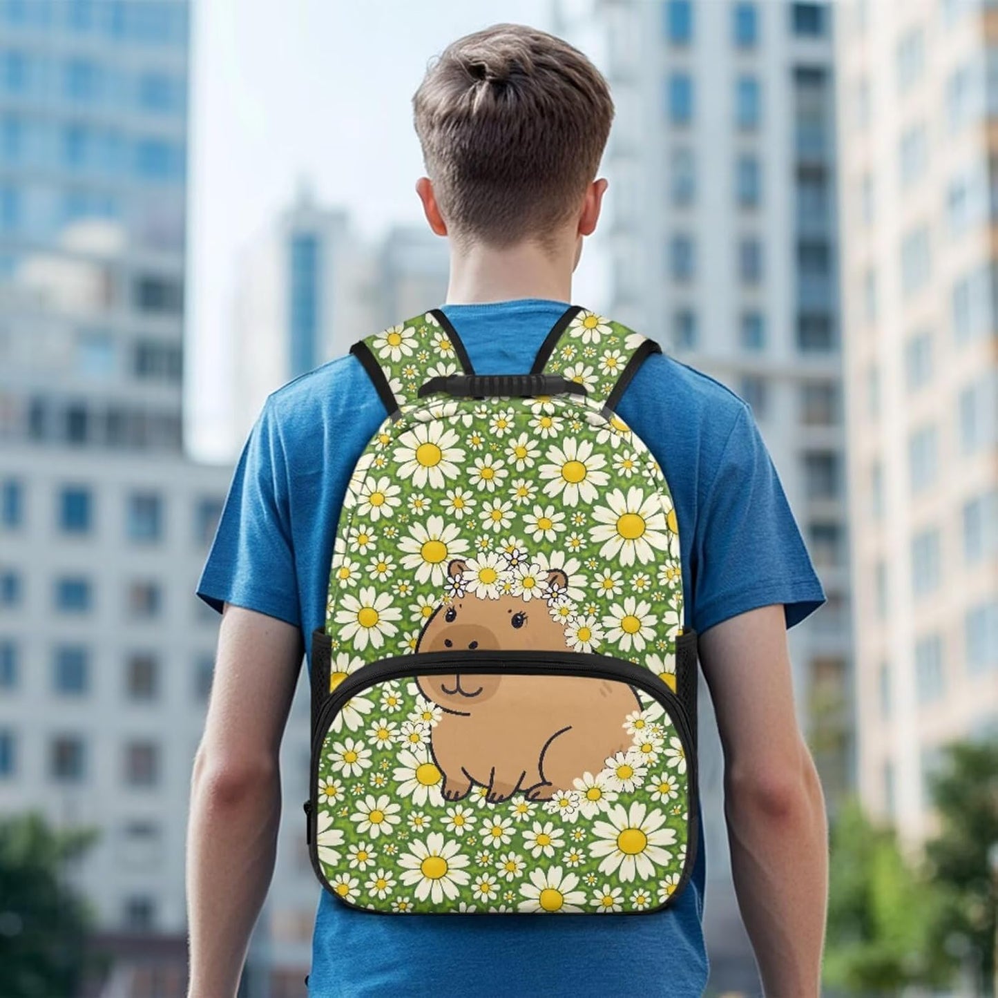 Cute Capybara Pizza Backpack for Girls, 5 Pcs Boys School Bag Set for Kids, 17 Inch Backpacks Lunch Pencil Box Reusable Utensils Case Set for Middle Elementary School, 3rd Grade Backpack