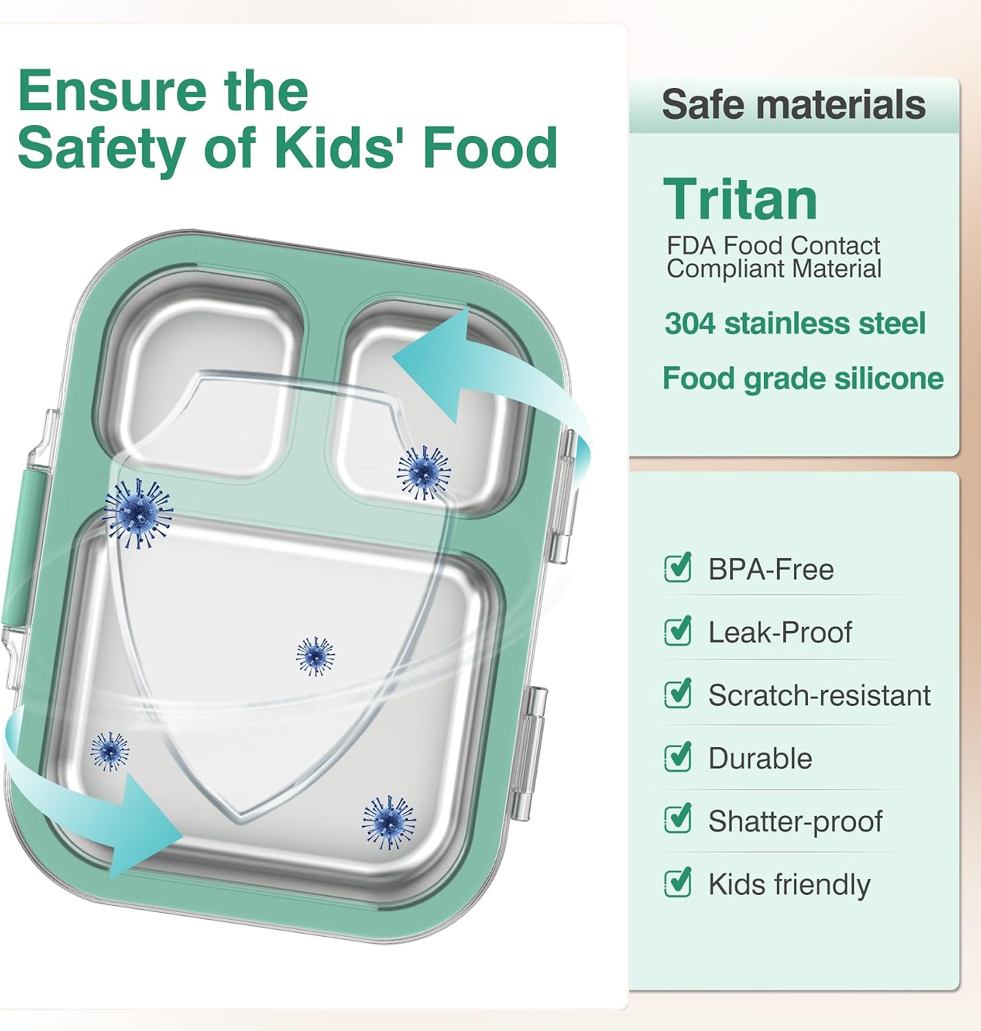 HOMEKOL Stainless Steel Bento Lunch Box, 3-Compartment Leak-Proof Lunch Container for Kids & Adults, BPA/BPS-Free 304 Metal Food Box, Dishwasher Safe, Clear Tritan Lid, Green (Not Insulated)