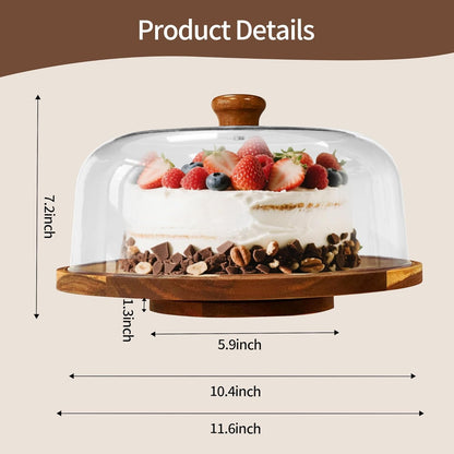 Acacia-Wood-Cake-Stand With Acrylic Lid, Rectangular Cake Plates Charcuterie Board With Cover, 2-in-1 Cake Holder With Dome，Dessert Table Display Stand For Cheese, Chips & Dips, Nachos, Fruit Platter