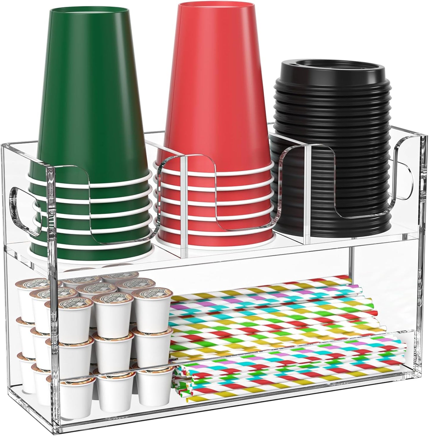 Disposable Coffee Cup Dispenser with Handles, 2-Tier 4 Compartments Clear Acrylic Paper Cup and Lid Storage Organizer for Coffee Bar Kitchen Accessories Restaurant Breakroom Party Supplies