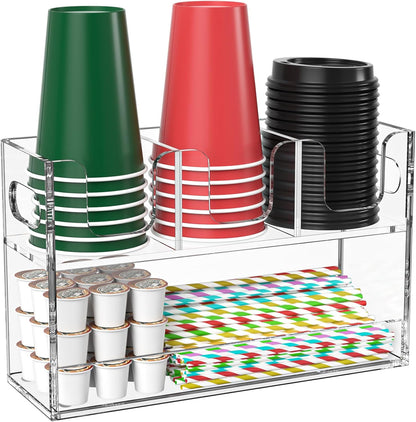 Disposable Coffee Cup Dispenser with Handles, 2-Tier 4 Compartments Clear Acrylic Paper Cup and Lid Storage Organizer for Coffee Bar Kitchen Accessories Restaurant Breakroom Party Supplies