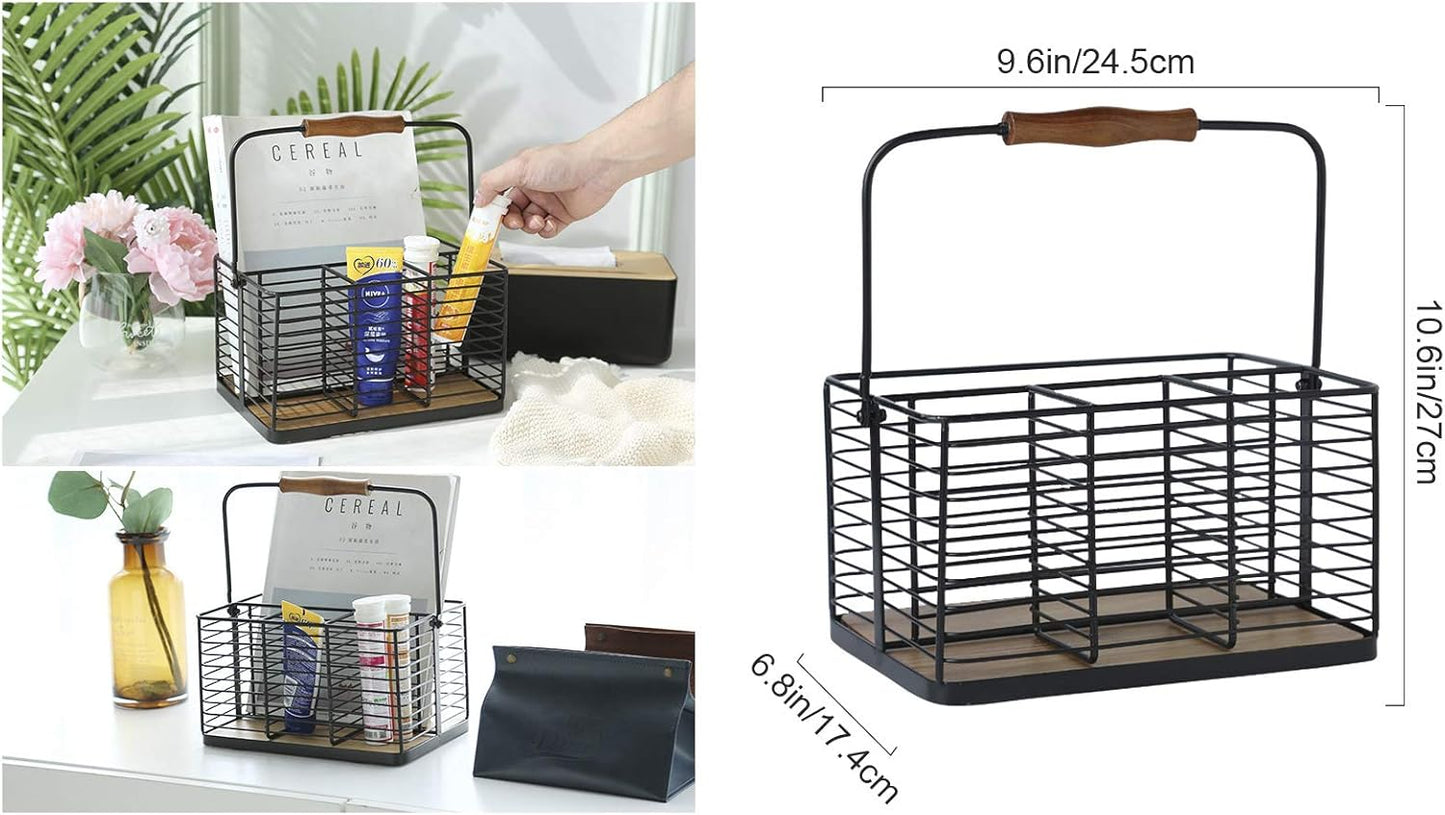 VANRA Utensil Holder Kitchen Condiment Organizer Utensil Caddy Storage Basket Organizer Metal Flatware Caddy with Wood Handle, Black