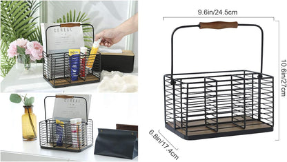 VANRA Utensil Holder Kitchen Condiment Organizer Utensil Caddy Storage Basket Organizer Metal Flatware Caddy with Wood Handle, Black