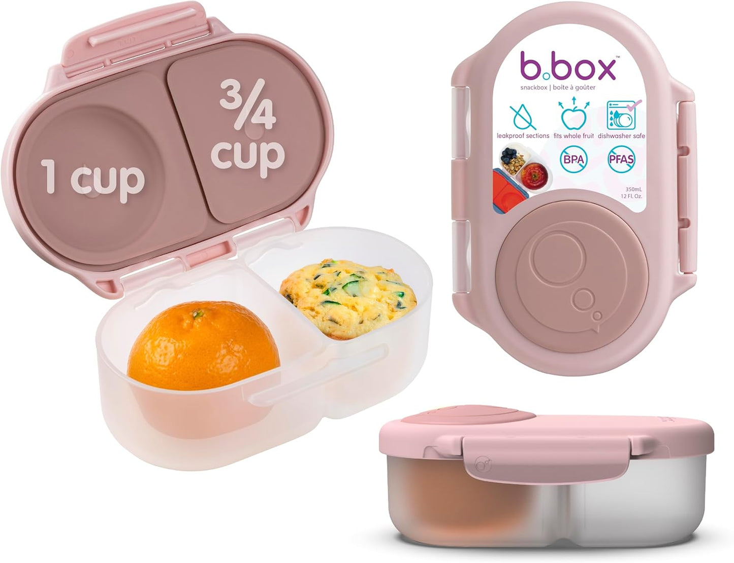 b.box Snack Box 2-Pack - Leak Proof Mini Bento Box for Kids & Toddlers, 2 Compartment Snack Containers for Kids, Dishwasher Safe, BPA-Free, PFAS-Free, Ages 4mo+, 1 3/4 Cup Each (Strawberry + Lilac)