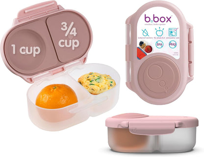 b.box Snack Box 2-Pack - Leak Proof Mini Bento Box for Kids & Toddlers, 2 Compartment Snack Containers for Kids, Dishwasher Safe, BPA-Free, PFAS-Free, Ages 4mo+, 1 3/4 Cup Each (Strawberry + Lilac)