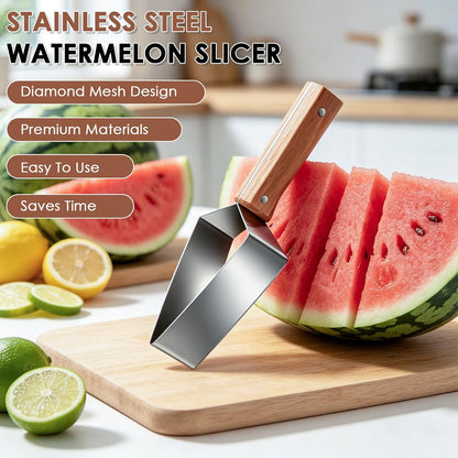 2PCS Triangle Watermelon Cutter, Stainless Steel Watermelon Slicer with Wooden Handle Melon Slicer, Fruit Cutter for Kitchen Gadgets Cantaloupe Chunks,Watermelon,Honeydew Melon