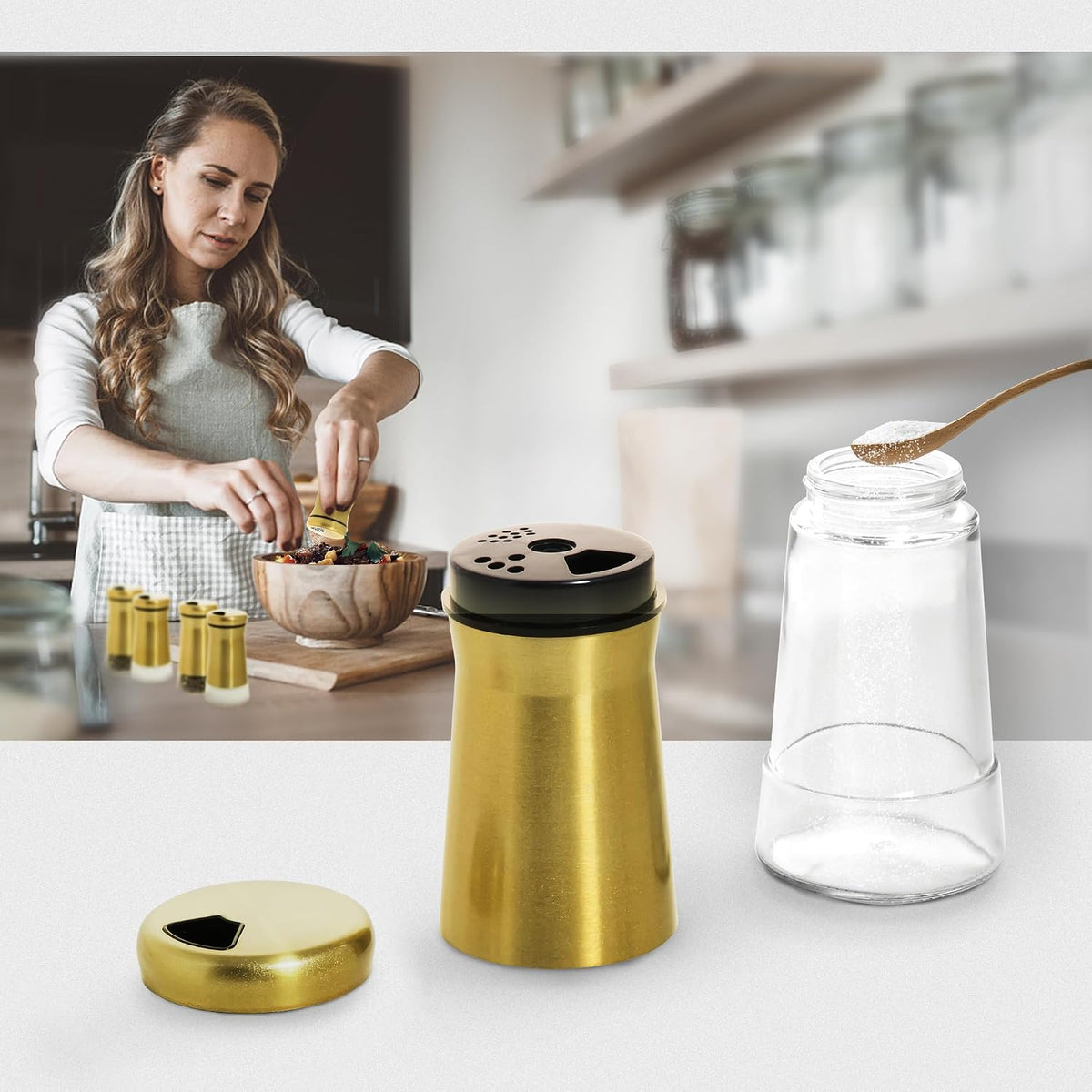 Stainless Steel Salt and Pepper Shakers,Salt Shaker Clear Bottom Jar Bottle Container with Stainless Steel Top,with Adjustable Pouring Hole for Kitchen, Cooking Table, Camp