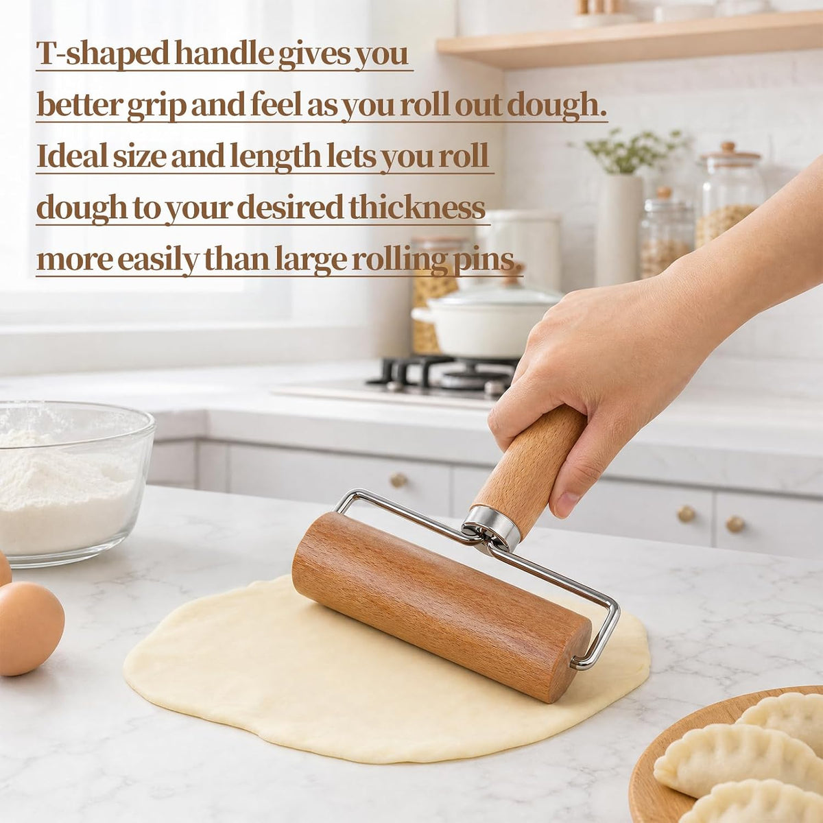 2 Pcs Small Rolling Pins with Handle Wooden Dough Roller for Baking Pizza