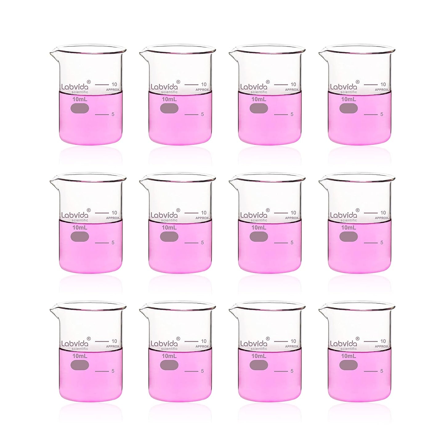 Upgrated 6 Size Low Form Glass Beaker Set, 25ml 50ml 100ml 250ml 500ml 1000ml, 3.3 Boro Glass beakers with Printed Graduation, LVA019