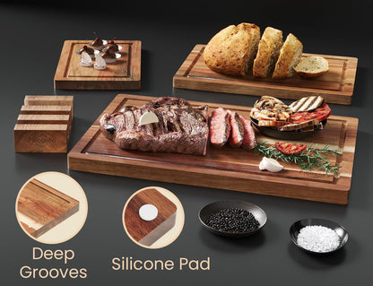 Fibogollo Acacia Wood Cutting Boards for Kitchen(Set of 3),Wooden Chopping Boards Set with Juice Groove,Serving Board with Holder,Butcher Block for Meat,Vegetables,Fruit