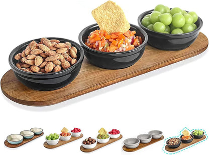 Artena 6oz Turquoise Solid Ceramic Chips and Dip Serving Platter with Acacia Wooden Tray, 4.5inch Glazing Small Serving Bowls/Dipping Dishes for Condiments,Side Dishes, Dipping, Pre, Dessert, Salsa