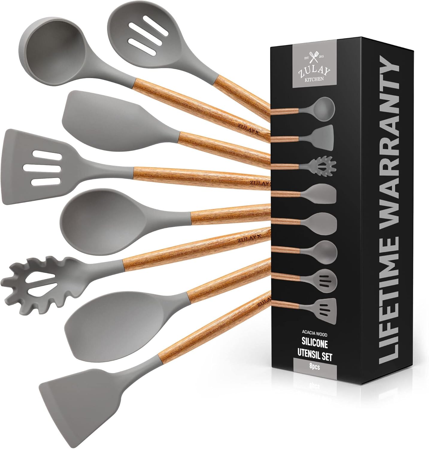 Zulay Kitchen Utensils Set Non-Stick Silicone Cooking Utensils Set with Authentic Acacia Wood Handles - 5 Piece Silicone Utensil Set - Kitchen Utensils Set with 464°F Heat Resistance - Gray