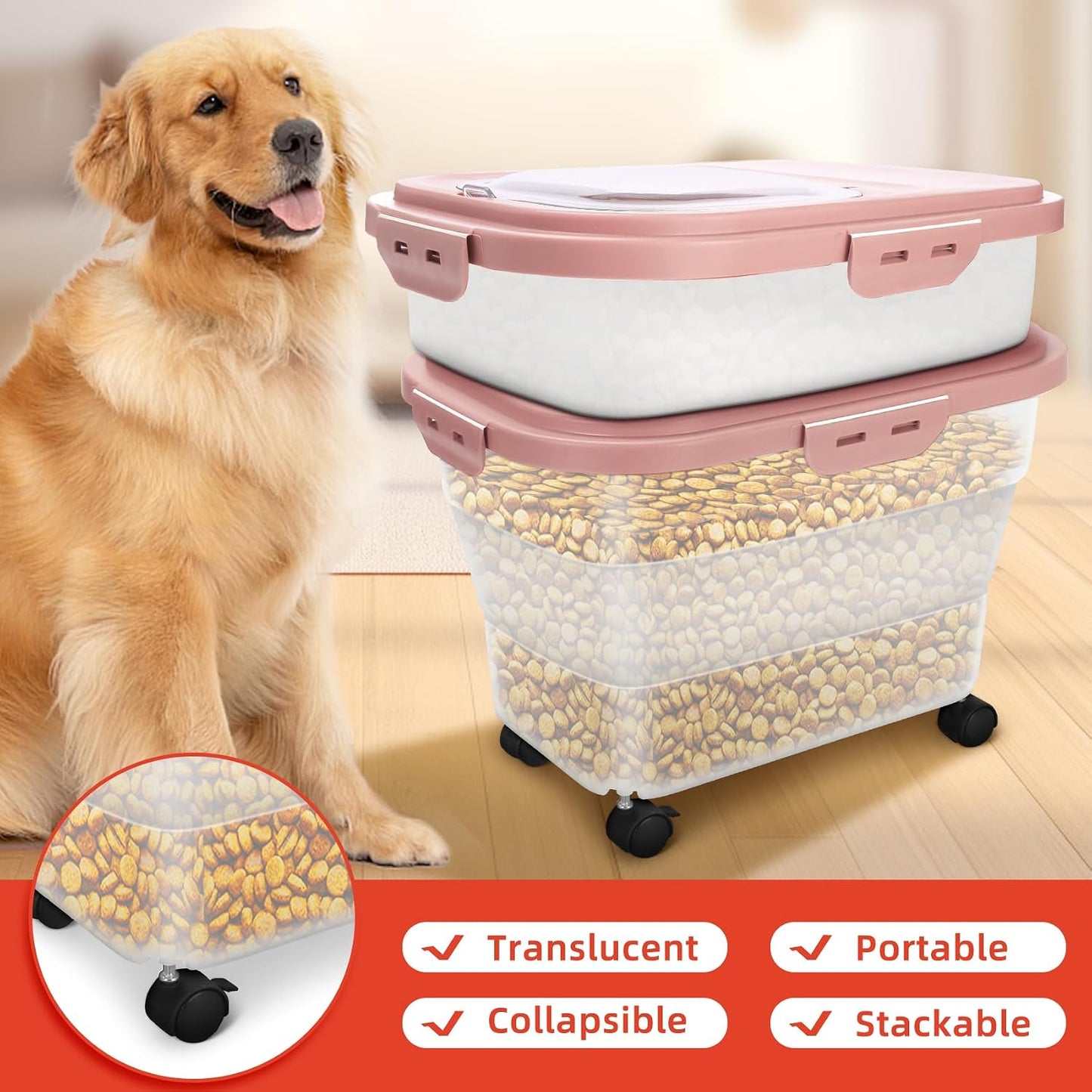 Dog Food Container, Collapsible Pet Food Storage Container 17-20 lb with Rolling Wheels & Airtight Lid, Plastic Storage Bin With Dog Food Scoop and Measuaring Cups