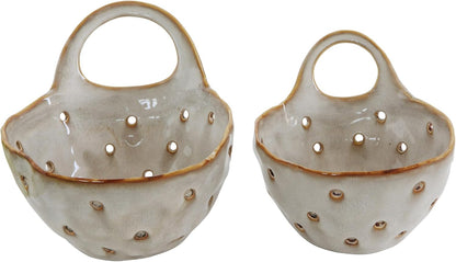 Creative Co-Op 2‑Piece Stoneware Colanders with Handles, Reactive Cream Glaze