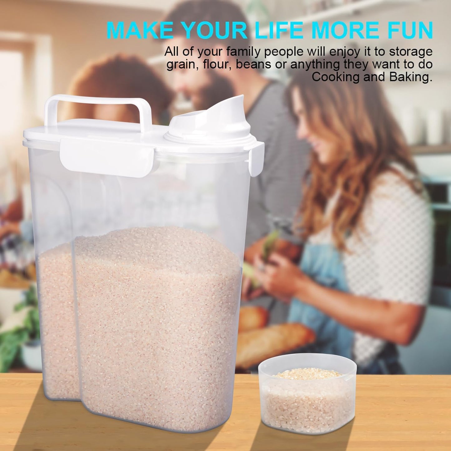 Uppetly Rice Airtight Dry Food Storage Containers, BPA Free Plastic Storage Bin Dispenser with Pourable Spout, Measuring cup for Cereal, Flour and Baking Supplies, Include a Stainless Steel Whisk