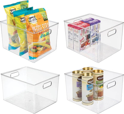 mDesign Plastic Storage Organizer Container Bin for Kitchen Organization in Pantry, Cabinet, Countertop Fridge, Refrigerator, and Freezer - Hold Food, Drink, or Snacks, Ligne Collection, 4 Pack, Clear