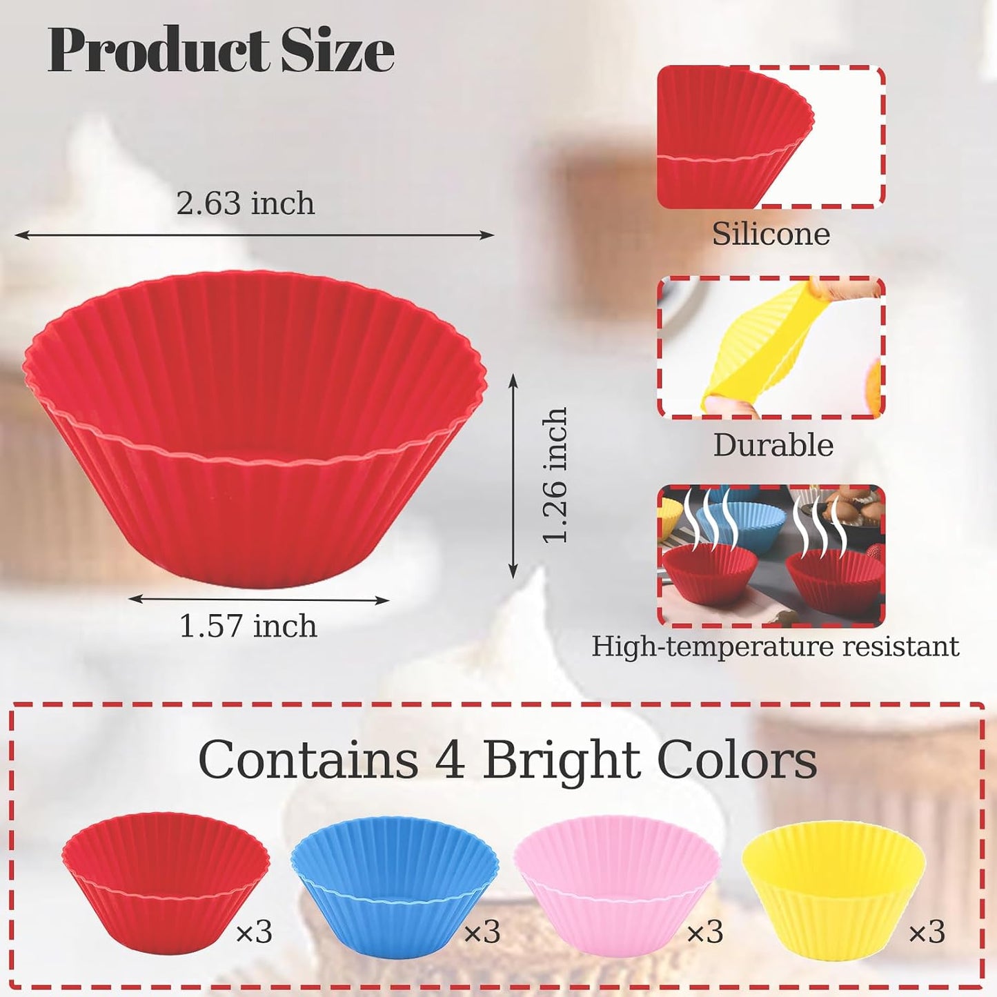 12 Pack Reusable Silicone Cupcake Liners Baking Cups Liners Non-Stick Cake Molds Sets for Lunch Wedding Engagement