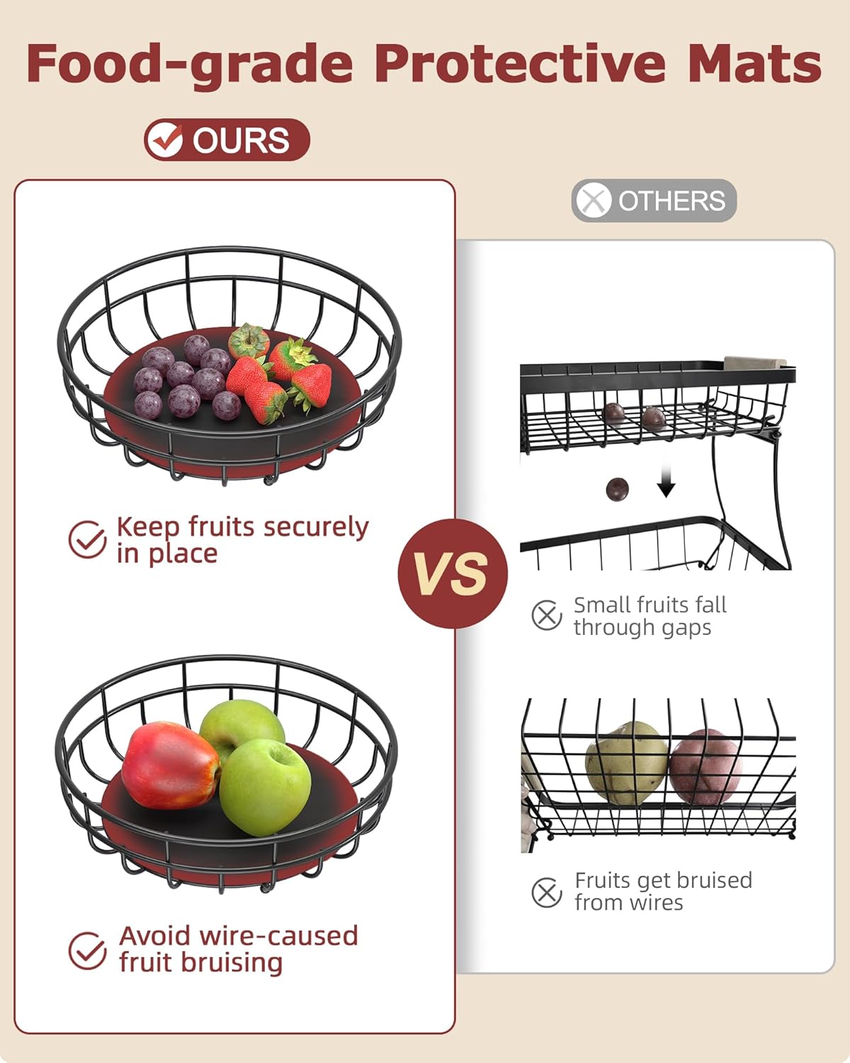 Sevenblue 2 Tier Large Fruit Basket for Kitchen Counter with Removable Banana Hanger - Sturdy Iron Fruit Bowl for Kitchen Counter and Vegetable Holder, Fruit Holder for Home Decor, Black