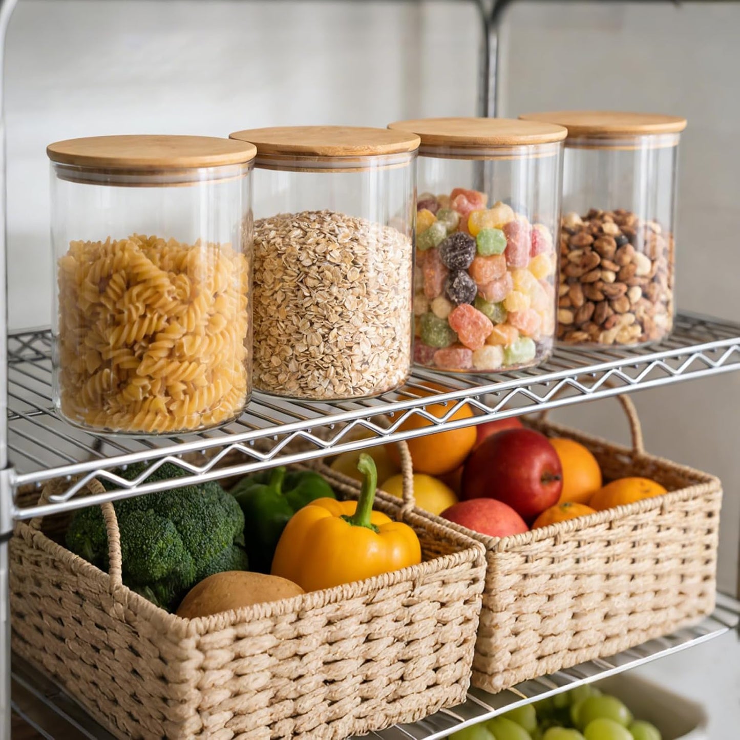 Moretoes 3 Pack 2qt Glass Storage Containers with Bamboo Press Lids, Large Airtight Food Storage Jars for Pantry, Flour, Sugar, Dry Goods