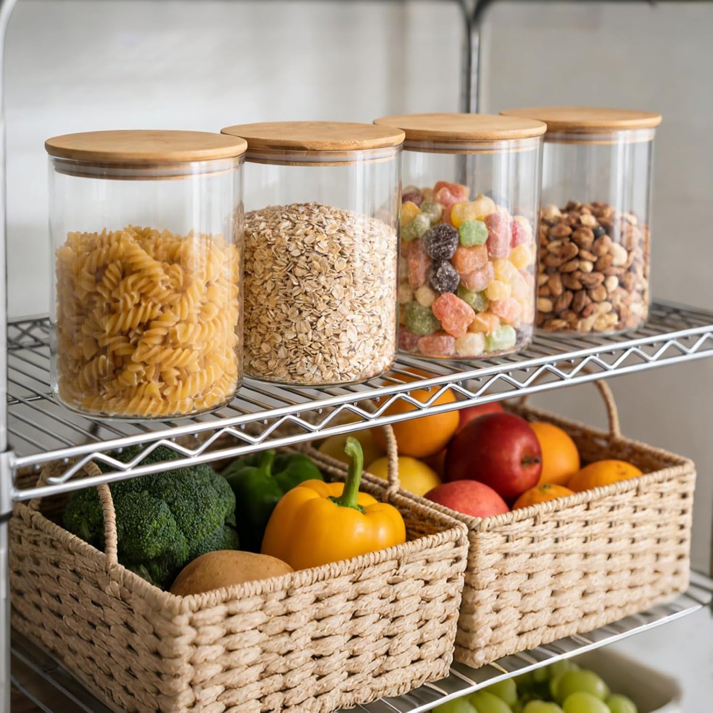 Moretoes 3 Pack 2qt Glass Storage Containers with Bamboo Press Lids, Large Airtight Food Storage Jars for Pantry, Flour, Sugar, Dry Goods