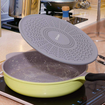 13” Silicone Splatter Screen Pan Cover with Folding Handle, Heat Insulation Cooling Mat, Strainer, Drain Board, Oil Splash Guard for Frying Pan