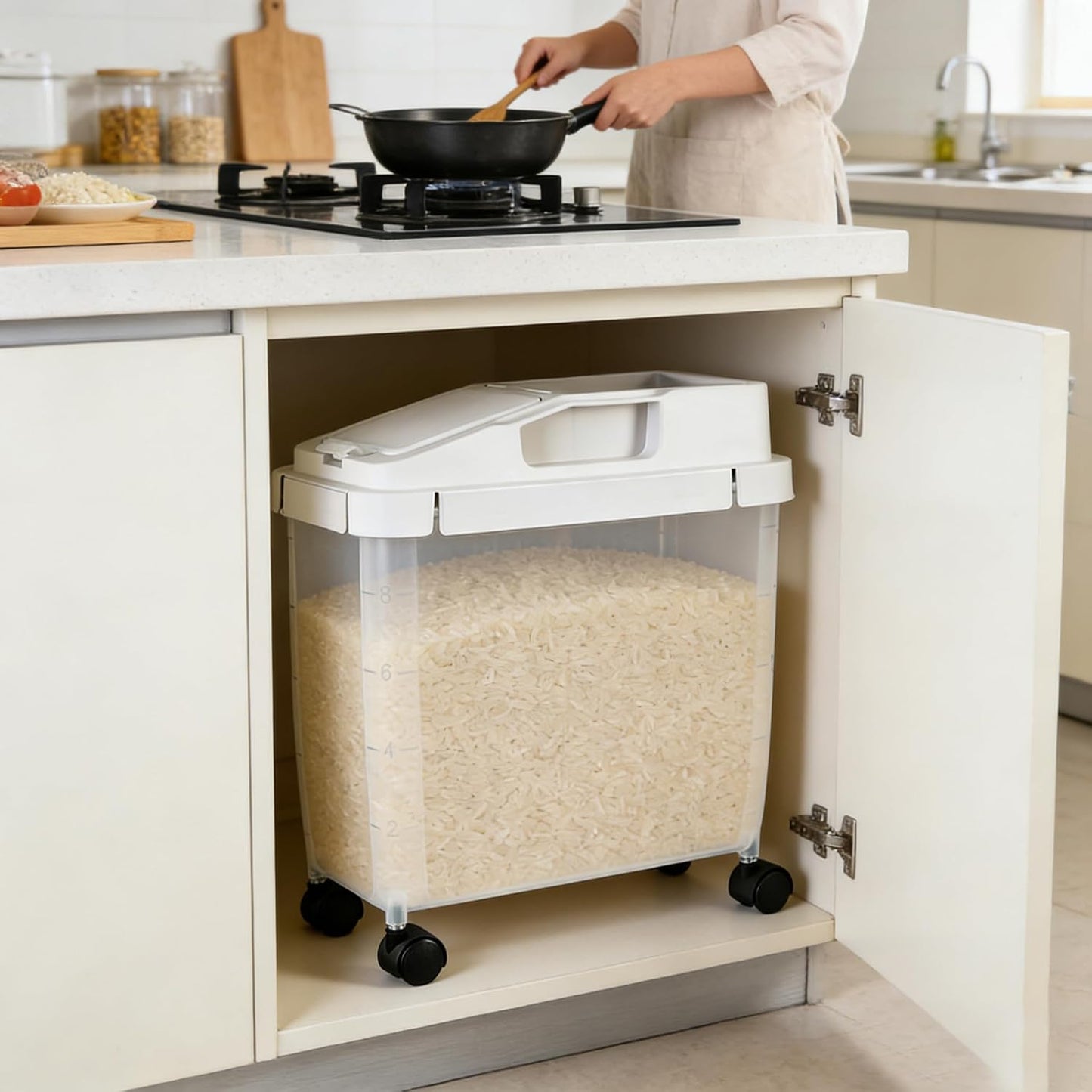10LRice Container and1.3LStorage container,Storage container Airtight Rice Storage Container with Scale Wheels and Measuring cup, BPA Free Food Dispenser for Rice, Flour, Cereal, Pantry Organization