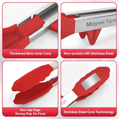 3 Pack Silicone Tongs for Cooking,Maywe Tanso 9 Inch Cooking Kitchen Tongs with Silicone Tips,Nonstick Stainless Steel Tongs for Steak Pie Pizza Pasta Spaghetti Salad BBQ Buffet