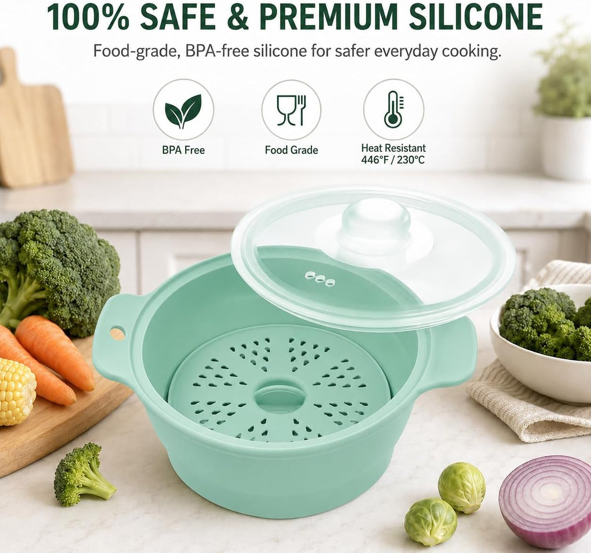 Collapsible Silicone Microwave Vegetable Steamer with Removable Steam Rack
