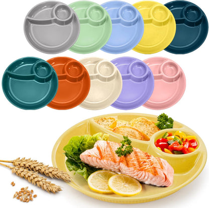 ZAVOOS 10 Pack Chip Dip Serving Platter, 10 Inch Plastic Divided Dumpling Plate with Dipping Saucer, 3 Compartments Reusable Snack Serving Dish for Sushi, Veggies, Party Appetizer