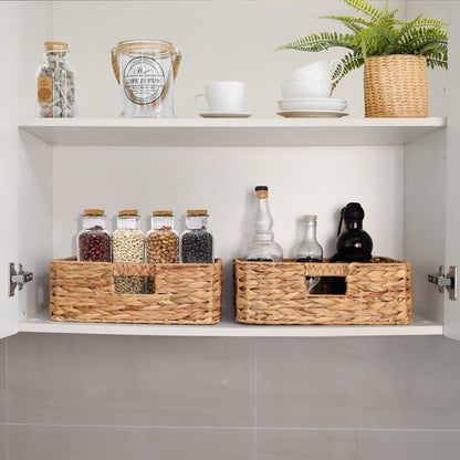 Rectangular Wicker Shelf Basket, Square Water Hyacinth Woven Storage Basket | Three-sided handle design, Natural water hyacinth material, Suitable for the living room, storage room, vanity, and wardrobe