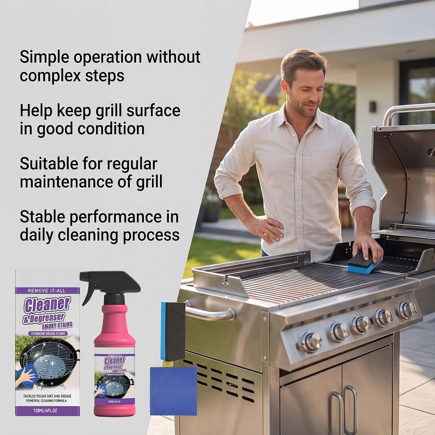 BBQ Grill Cleaner Spray, Heavy Duty Grill Degreaser for Grease, Burnt Food & Smoky Stains, Stainless Steel Cleaner for Outdoor Grill, Grates, Stove Top, Range Hood & Kitchen Surfaces, 120ml (2PCS)