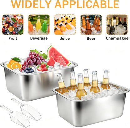 2 Pack Large Strainless Steel Beverage Tub with 2 Ice Scoops, Beer Ice Bucket Drink Cooler Beer Champagne Bucket Drink Chiller Tub Ice Cube Bin for Freezer Cocktails Wine Cooling Mimosa Bar Supplies