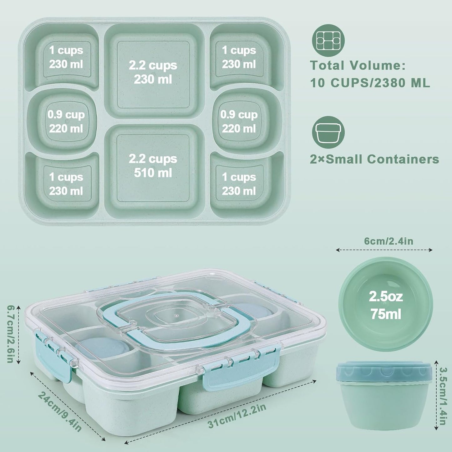 Large Snackle Box Container with 2 Sauce Cups, 8-Compartment Divided Serving Tray with Lid & Handle, Portable Snack Tray for Travel Picnic, Leak-Proof, Dishwasher Safe, BPA-Free