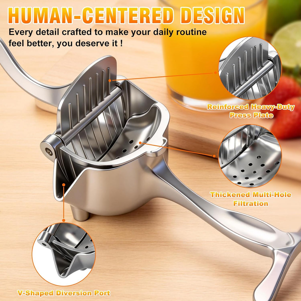 Manual Fruit Juicer Press, Heavy Duty Hand Squeezer with Less Effort Grip