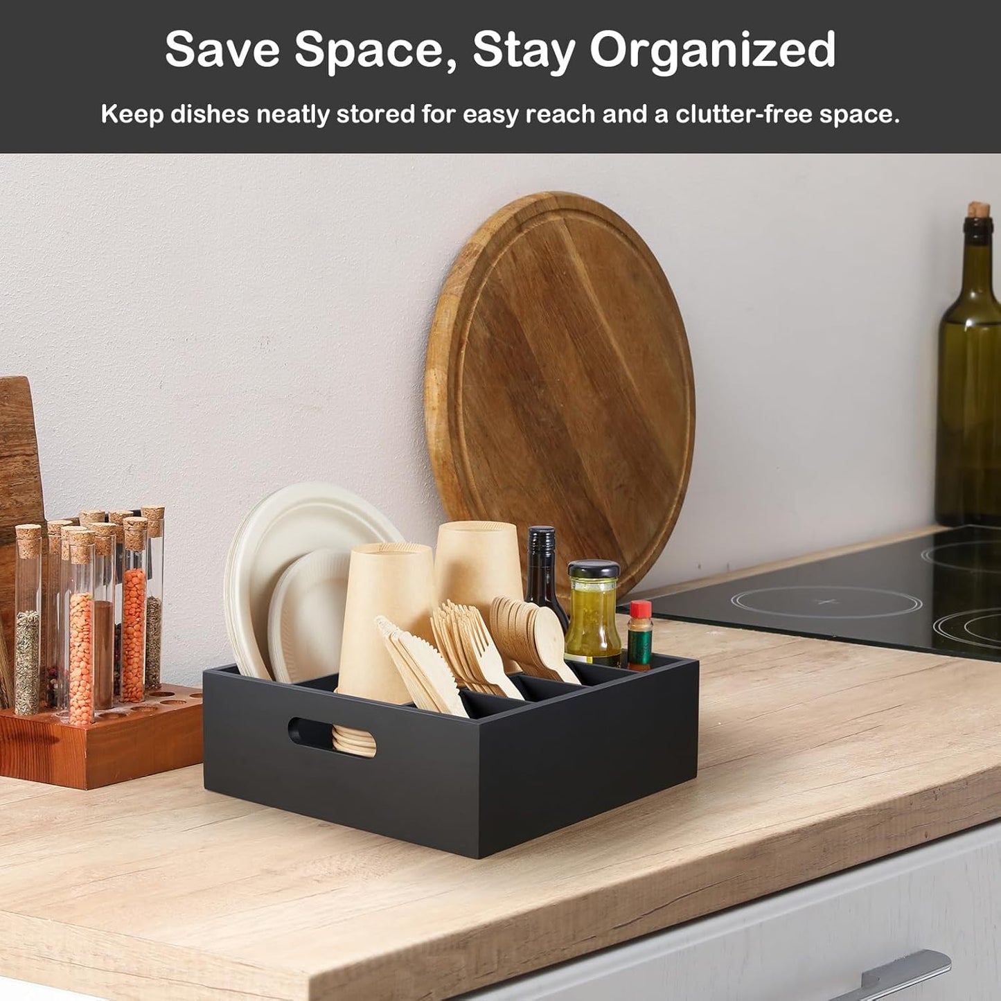 Acacia Wood Utensil Holder for Party, 6-Compartment Paper Plate and Silverware Organizer with Handles, Rustic Utensil Caddy for Parties, Outdoor Gatherings, and Kitchen Countertop Organization