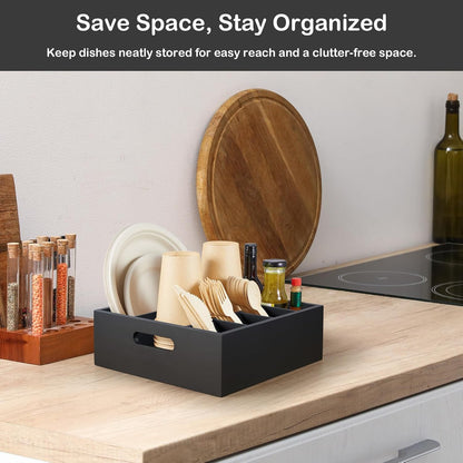 Acacia Wood Utensil Holder for Party, 6-Compartment Paper Plate and Silverware Organizer with Handles, Rustic Utensil Caddy for Parties, Outdoor Gatherings, and Kitchen Countertop Organization