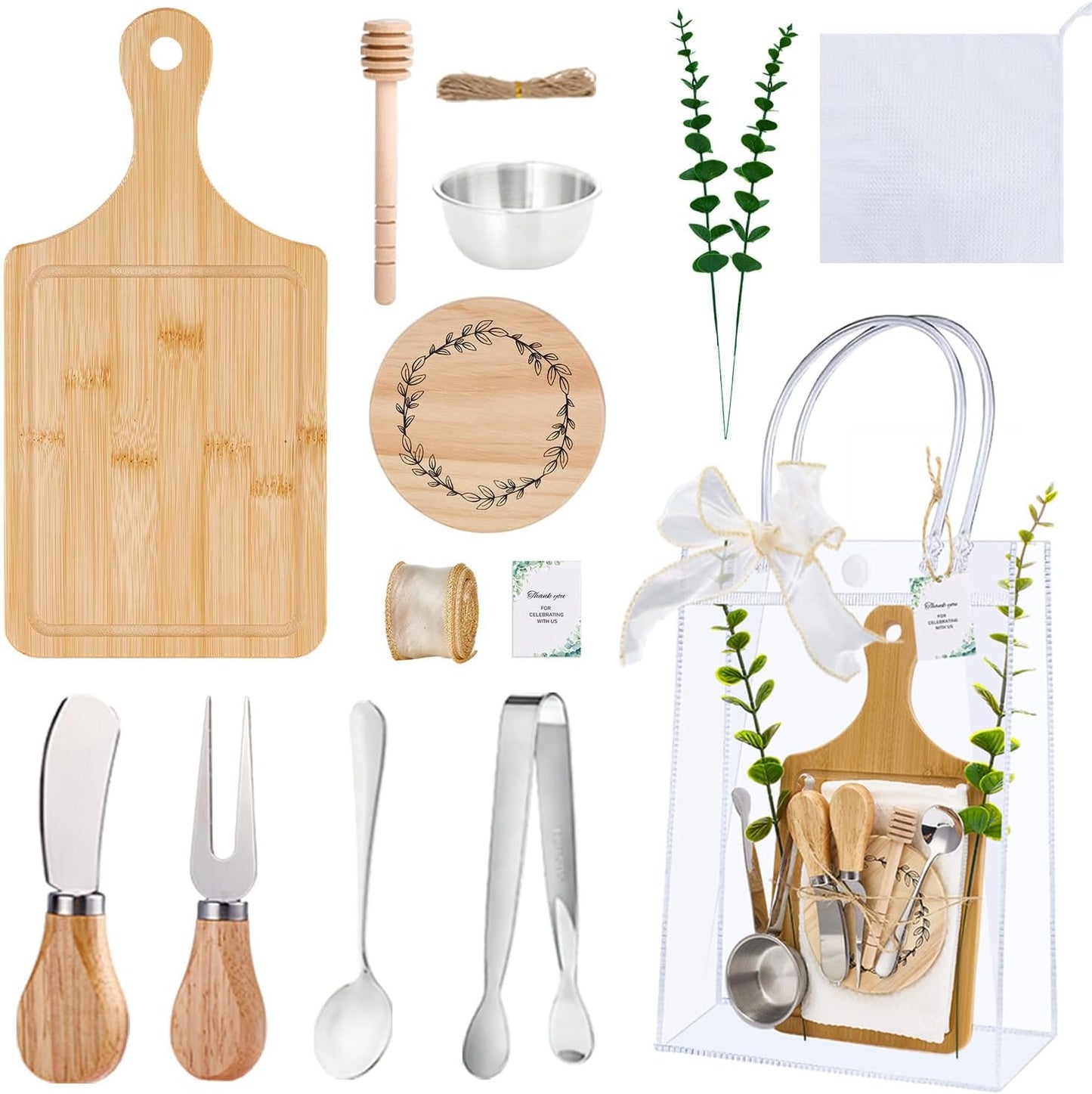 Baby Shower Prizes for Game Winners 6 Sets Cheese Board Honey Dipper Charcuterie Utensils Set Towel Thank You Card and Gift Bags for Baby Shower Wedding Bridal Shower Favors (6 Set-Bamboo, Silver)