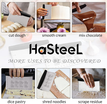 Metal Griddle Scraper Chopper, HaSteeL Stainless Steel Dough Bench Scraper Pastry Cutter with Measuring Marks, Multi-purpose Kitchen Tool for Flat Top Grilling/Baking/Cooking, Dishwasher Safe (2-Pack)