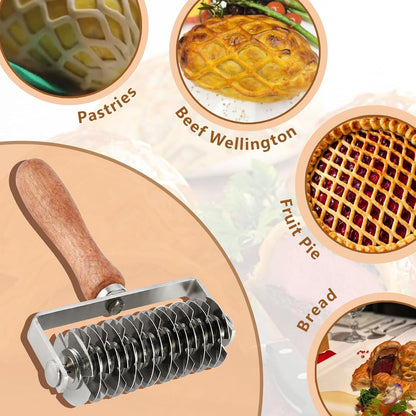 Lattice Pastry Cutter, Stainless Steel Pastry Lattice Roller Cutter, Multipurpose Lattice Rolling Cutting Knife with Wood Handle for Pizza, Biscuits, Bread, Pie, 7.9x5.1in