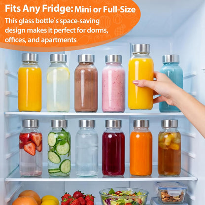 Clear Glass Bottles with Lids 18 oz, Reusable Glass Water Bottles with Stainless Steel Cap for Refrigerator, Juicing, 100% Leak Proof, BPA Free, Juice Bottle Drinking Jar Containers Set of 6