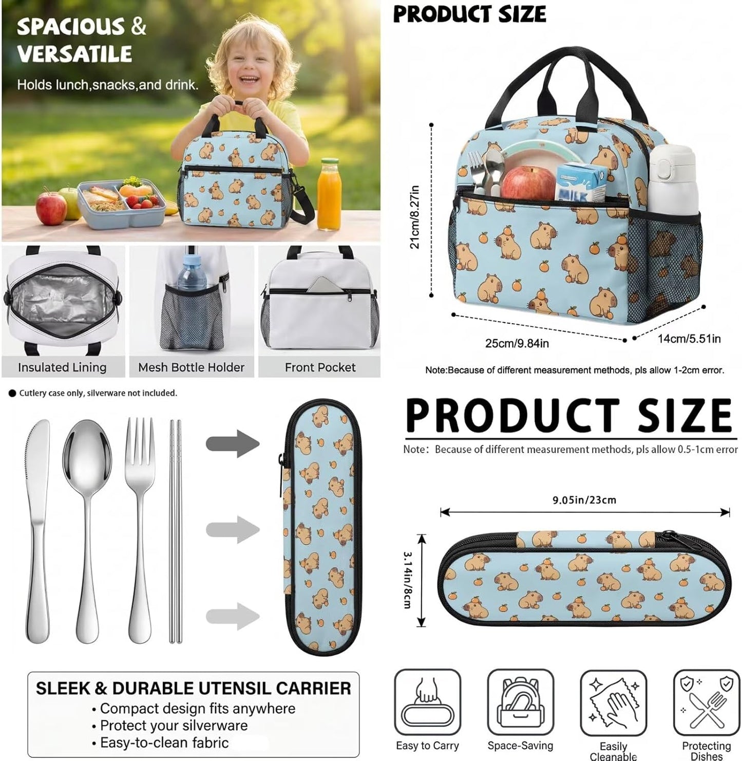 Cute Capybara Pizza Backpack for Girls, 5 Pcs Boys School Bag Set for Kids, 17 Inch Backpacks Lunch Pencil Box Reusable Utensils Case Set for Middle Elementary School, 3rd Grade Backpack