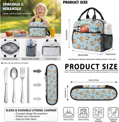 Cute Capybara Pizza Backpack for Girls, 5 Pcs Boys School Bag Set for Kids, 17 Inch Backpacks Lunch Pencil Box Reusable Utensils Case Set for Middle Elementary School, 3rd Grade Backpack