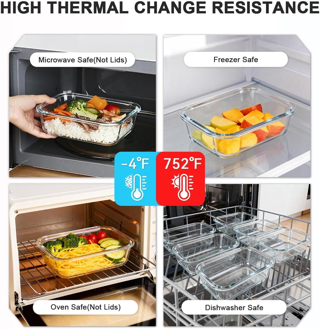 KAMOTA Glass Food Storage Containers, 10 Pack Glass Meal Prep Containers, Airtight Containers with Snap-Lock Lids, 22 oz Grey Container Set with Lids, for Microwave/Oven/Freezer/Dishwasher