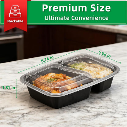 Meal Prep Containers 2 Compartment 15 Pack, 28 oz Divided Reusable Food Storage Containers with Lids Takeout Food Storage Containers Black, Microwave Dishwasher Freezer Safe, Stackable, BPA Free