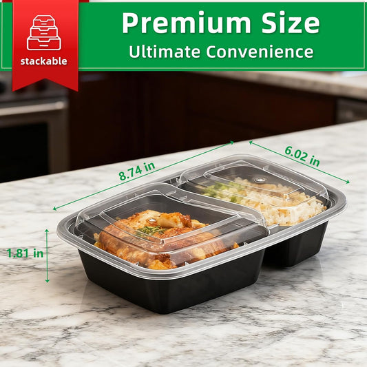 Meal Prep Containers 2 Compartment 15 Pack, 28 oz Divided Reusable Food Storage Containers with Lids Takeout Food Storage Containers Black, Microwave Dishwasher Freezer Safe, Stackable, BPA Free