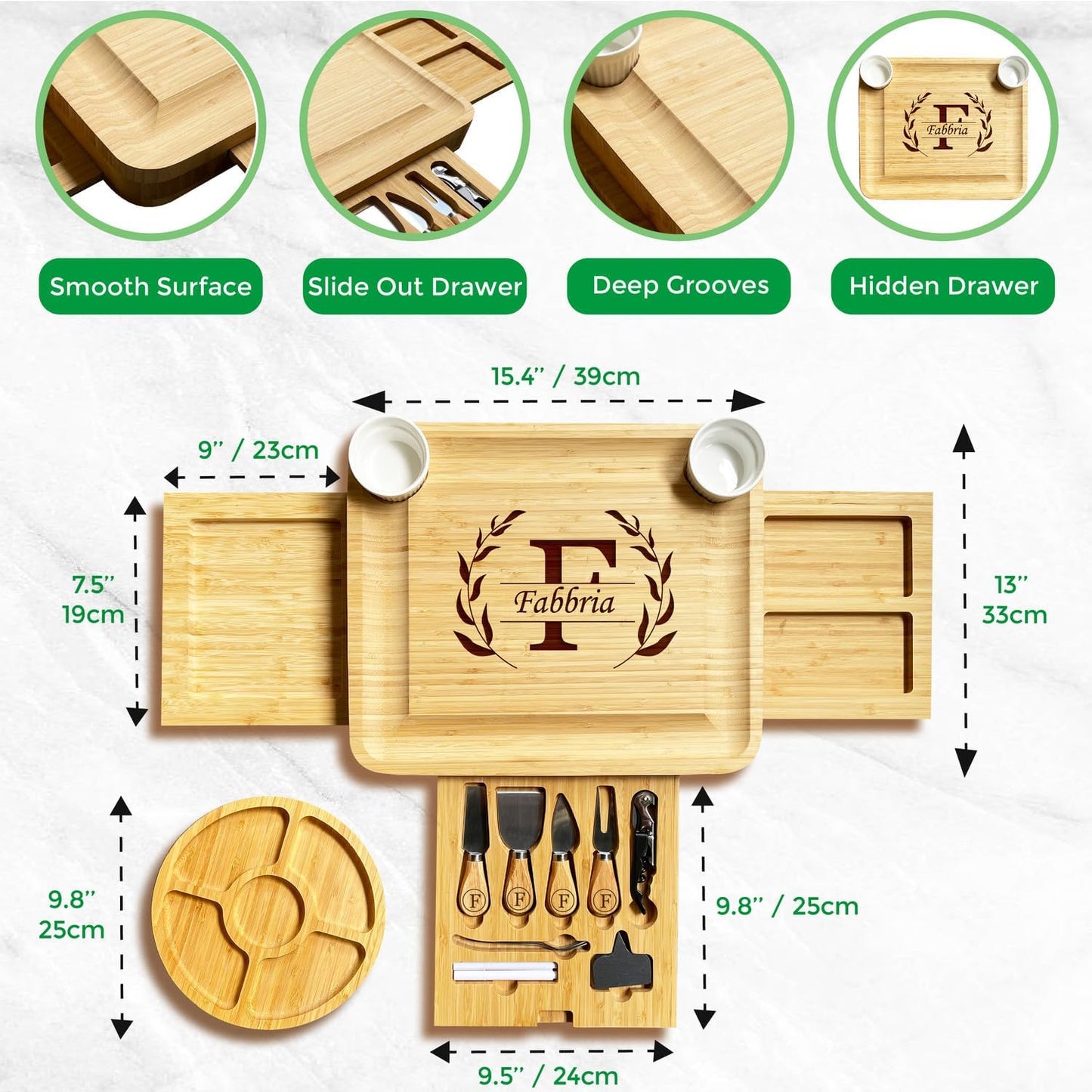Personalized Bamboo Charcuterie Board Gift Set with 3 Drawers & Utensils, Custom Cheese Board with Round Tray, Housewarming, Wedding & Birthday Gift for Couples and Family