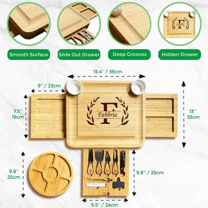 Personalized Bamboo Charcuterie Board Gift Set with 3 Drawers & Utensils, Custom Cheese Board with Round Tray, Housewarming, Wedding & Birthday Gift for Couples and Family