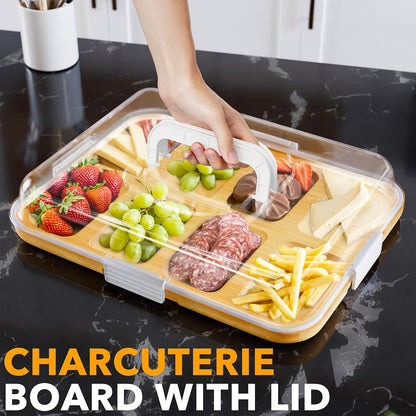 SpaceAid Charcuterie Board with Clear Lid, Portable Travel Cheese Cutting Boards for Picnic Accessories, Bamboo Serving Tray with Lids, House Warming Gifts, Black Handles, 8 Compartments