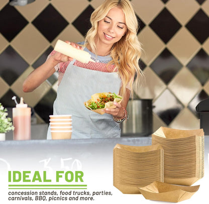 ZORRITA 2 Lb Paper Food Trays - 100 Pack Disposable Nacho Trays Brown Food Boats Take Out Basket Holders for Serving Party Snacks Hot Dogs Tacos Fries
